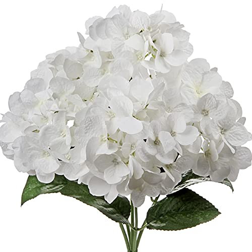 Fausses fleurs artificielles - 45,7 cm - Grandes fleurs d'hortensia blanches - 5 têtes d'hortensias artificielles - Fleurs d'hortensia artificielles en soie - Fausses hortensias au toucher réel - Fleu
