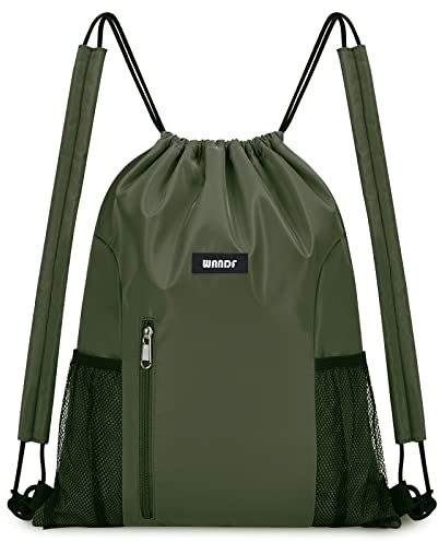WANDF Kordelzug-Rucksack mit Schulterpolster, Sport-Gym-Rucksack mit Netztasche, Kordelzug-Rucksack für Damen und Herren (Dunkelgrün)
