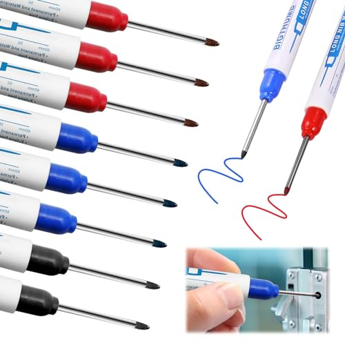 MHDUYEG Tieflochmarker 8 Stück Bohrlochmarker, 30mm Extralange Spitze Tiefenlochmarker, Markierstift Baustelle, Bohrlochspraymarker für Holz, Kunststoff, Wand, Metall, Karton (Schwarz, Blau, Rot)