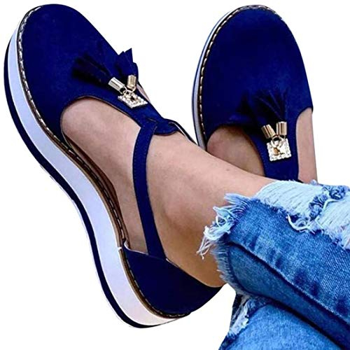 CrEev Sandali piatti da donna Sandali comodi con nappe alla moda con fondo spesso Sandali con fibbia Baotou con nappe Ciabatte estive in tinta unita (Rosa 42 EU) (Blu 35 EU)