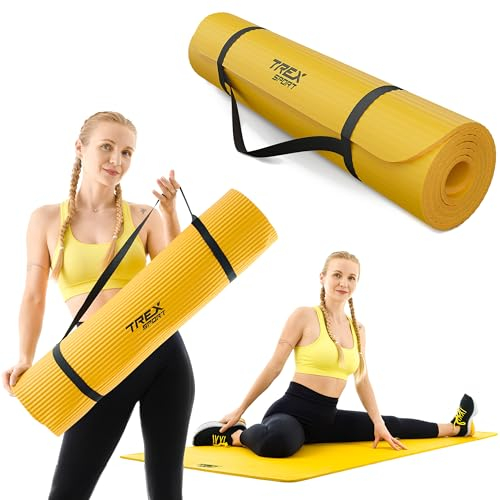 TREX SPORT Gymnastikmatte extra dick und weich | Fitnessmatte 190x80x1cm mit Tragegurt | Yogamatte rutschfest (Yellow Mustard)