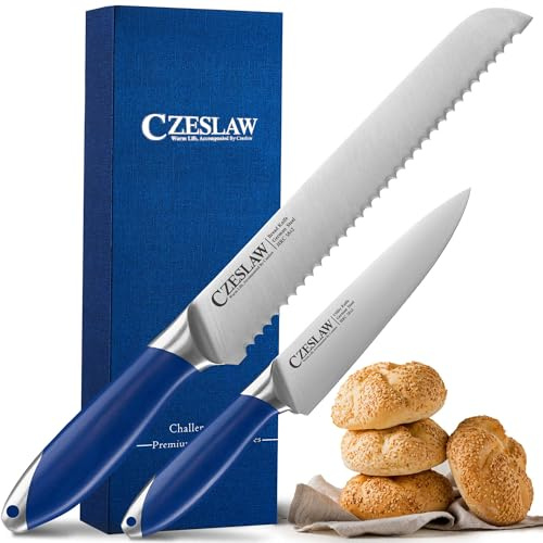 Czeslaw Bread Knife 2pcs, Forged from High Carbon German Steel, Full Tang & Razor Sharp Professional Grade Serrated Bread Knife