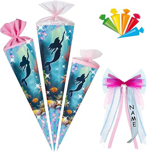 alles-meine.de GmbH Schultüte - Meerjungfrau - 35-85 cm - Größe wählbar - Spitze wählbar - inkl. Name + Bänder Schleife + 5 kleine Zuckertüten - Zuckertüte - Tüll - oder Filzab..