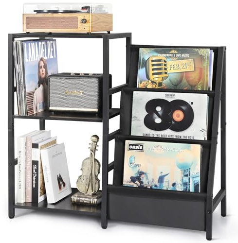Bikoney Table d’Appoint pour Platine Vinyle avec Rangement à 3 Niveaux, Meuble Design pour Disques et Albums, Support de Tourne-Disque jusqu’à 200 LP, Idéal pour le Salon – Noir