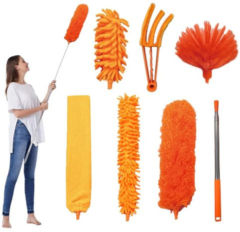 FumyFumy Plumero telescópico largo, extensible, lavable, con mango telescópico, con barra telescópica, extensible a 2,6 m, para telarañas, 7 unidades