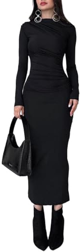 EMOTTOS Sexy Maxi Abito Increspato, Elegante Abito con Finto Collo e Spacco Posteriore, Morbido Abito a Matita con Orlo oscillante per Cocktail Party (Nero/Grigio, S-L)