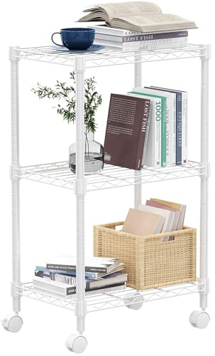 MZG Hylla med 3 hyllplan metallförvaringshyllor trådställ garderob organisatörer med hjul för garage kök badrum tvätt vit 30 cm D x 45 cm B x 75 cm H