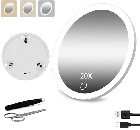 Junyaoxuan Miroir grossissant x20 avec lumière, grand miroir de maquillage grossissant de 15,2 cm avec 3 couleurs à intensité variable, portable LED grossissant avec 3 ventouses, blanc