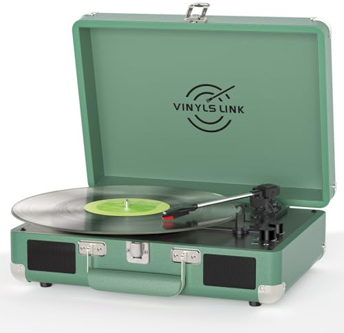 Vinyl Record Player with Built-in Speakers Treble & Bass Gain Vintage Bluetooth Turntable 3-Speed Portable Suitcase LP Player AUX-in RCA Headphone Out, Forest Green