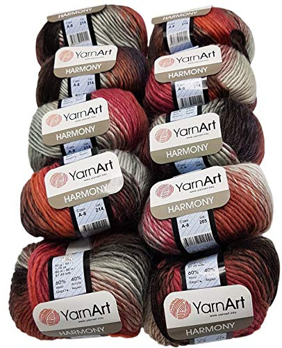 500 g Ilkadim Export Harmony Strickwolle mit 60% Wolle-Anteil, 10 x 50 Gramm Strickgarn mehrfarbig mit Farbverlauf (braun bordeaux grau A8)