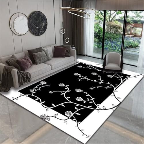 RUGMRZ Teppich Jugendzimmer Jungen Mädchenzimmer Schwarzer und weißer Schlafzimmerteppich mit Pflanzendruck ist bequem, weich langlebig Balkon Bodenbelag Für Küche 160X200CM
