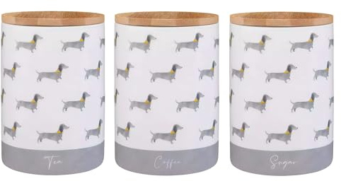 Dylex Dachshund Pattern Tea, Coffee, and Sugar Canisters with Bamboo Lids, Set of 3