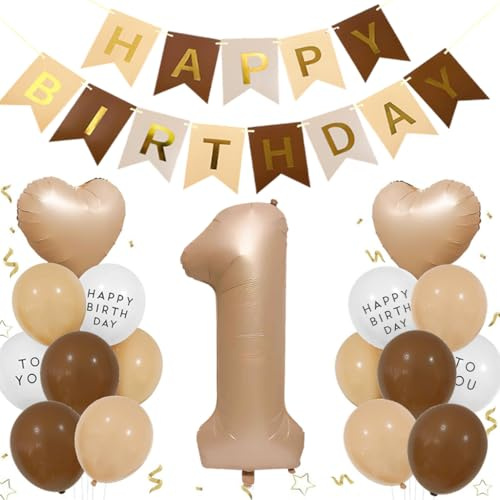 Luftballon 1. Geburtstag Mädchen, Folienballon 1 Braun Deko 1. Geburtstag Junge, Geburtstagsdeko Beige Braun Ballons Beige Aprikose Herz Ballons Happy Birthday Deko für 1 Jahr Mädchen Junge