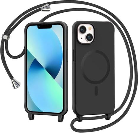 AOMYKE Handyband für iPhone 13 / iPhone 14 Hülle mit Band, Magnetisch Handyhülle kompatibel mit Magsafe zum Umhängen Schutzhülle mit Kette Kordel Weich TPU Liquid Silikon Case，Schwarz
