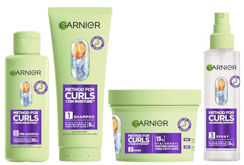 Garnier Method For Curls Pre-Shampoo, Shampoo, Mask & spray set. Up to 7 days of moisture & curl definition. Designed, tested & approved on all curl types, incl. type 4 curls & coils. Silicone free.