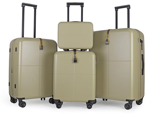 JLY 4pc Travel Set, Hard Shell Suitcases and Vanity Case, Olive Green | Complete 4-piece matching set, medium and large expandable 17%, waterproof pockets, peach-skin lining
