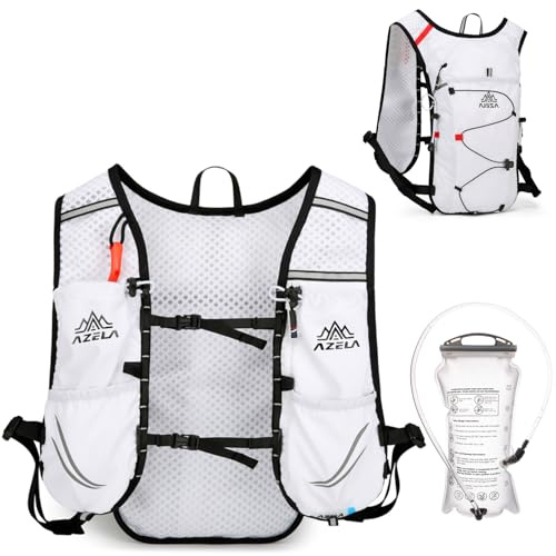 Azarxis Löparväst 10 l, lätt och vattenavvisande trailrunning-ryggsäck, reflekterande dryckesryggsäck för löpning, camping, vandring (vit 1,5 l drickbubbla, en storlek)