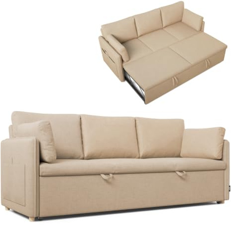 Nalui- Sofa Cama 3 plazas 3 en 1 Nest 3 211x86x88cm con 2 Almohadas. Sofa 3 Plazas Convertible en Cama con Somier de 128x190cm. Soporta hasta 360Kg. Beige