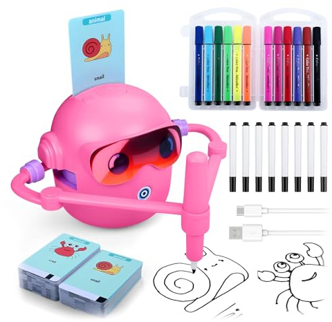 MMOBIEL Robot da Disegno per Bambini Giocattolo Educativo Interattivo con 100 Carte, 12 Pennarelli Colorati, Guida Vocale e Batteria Ricaricabile USB-C – Regalo Creativo per Età 3-9 – Rosa