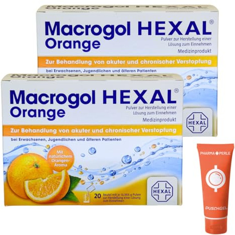 Macrogol Orange 2x 20 Beutel I lösliches Pulver bei Verdauungsträgheit mit Orangengeschmack I ab 12 Jahren I Unterstützung der Darmfunktion I Spar-Set plus Pharma Perle give-away