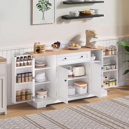 Crlnaup Multifunktionell köksbuffé – 138 cm skänk med låda, hylldörrar och justerbara hyllor – modern design med tippskydd, perfekt för kök, vardagsrum och sovrum
