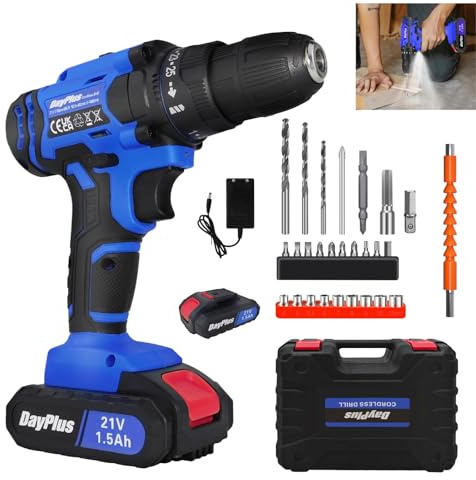 Perceuse Visseuse Sans Fil 21V – 1 Batteries 1.5Ah, 45Nm Couple Max, 2 Vitesses, Mandrin Auto-Serrant 10mm, 25+1 Positions, 26 Accessoires, LED, Mallette de Rangement,Bleu