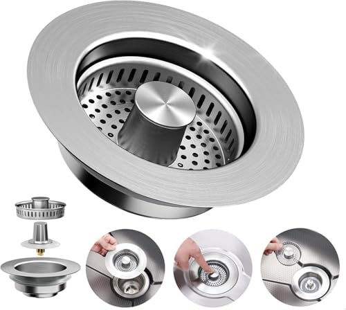 3 En 1 Filtre Pour Évier De Cuisine, Crépine De Vidange D'évier De Cuisine Et Bouchon Combinés, Récupérateur De Bouchon De Canalisation D'évier, Filtre à Evier en Acier Inoxydable Cuisi
