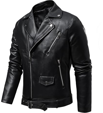 TONY BACKER - Giacca Pelle Uomo, Giubbotto da Biker in Ecopelle Con Cintura In Vita, Comoda Per la Guida, Chiodo Pelle Uomo Con Zip in Metallo e Tasca Interna