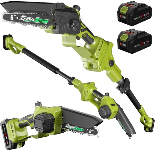 Grovecraft 2-IN-1 Cordless Pole Saw & Mini Chainsaw, Two 4.0Ah Battery Powered 6 Inch Electric Pole Chainsaw, 15Ft MAX Reach Pole Saw for Tree Trimming