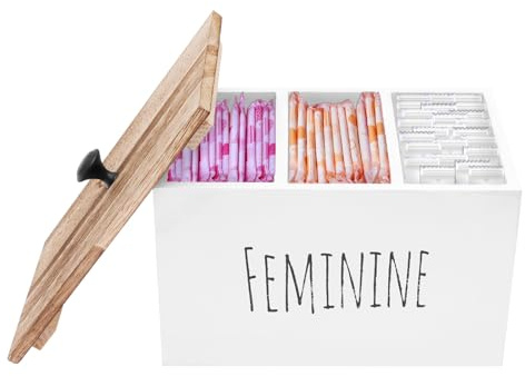 Tamponförvaring trä 20 x 12 x 13 cm förvaringsbox hygienartiklar med lock dammtät 3 fack bindor förvaring badrum elegant tamponger förvaringslåda för badrum sovrum kontor