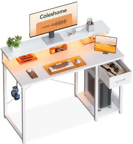 Coleshome Kleiner Gamimg Tisch mit LED & Monitorständer, 100×45 cm, Weiß | Gaming Schreibtisch mit 1 Stoff Schubladen, Computertisch mit CPU-Halterung, Platzsparend, für Schlafzimmer & Kleine Räume