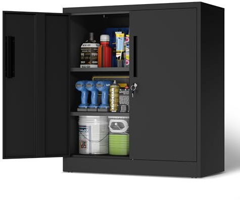 BIZOEIRON Metallschrank abschließbar, 90 x 80 x 40 cm Stahlschrank mit 2 höhenverstellbaren Einlegeböden, Werkzeugschrank und Mehrzweckschrank für Garage, Werkstatt, Keller und Büro, (Schwarz)