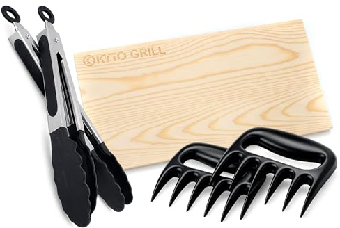 Kyto BBQ Grill Zubehör Set 3-teilig – Pulled Pork Krallen, Grillzangen Set 2-TLG. (34/27cm) & Zedernholz Grillbrett 30x15cm – BBQ Meat Claws, Grillzange Edelstahl & Räucherbrett für Fisch & Fleisch