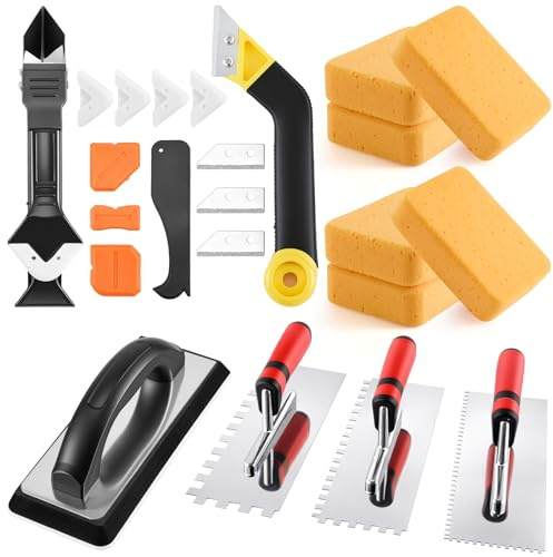 CraftyDream 23 Pcs Tile & Grout Tool Sets, Silicone Caulking Remover Tools Stainless Steel Notch Trowel Molded Rubber Grout Float 6 Sponge Angled Tile Saw with 3 Blades for Floor Wall Installation
