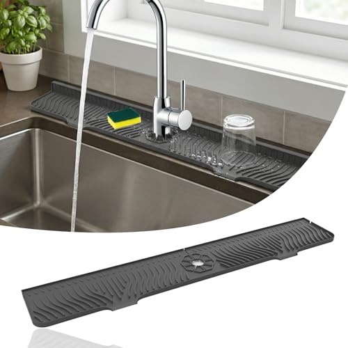 33 Inch Sink Splash Guard Mat, Kitchen Sink Splash Guard Silicone Dry Mat Faucet Handle Drip Catcher Tray for Kitchen Bathroom Counter (Grey)