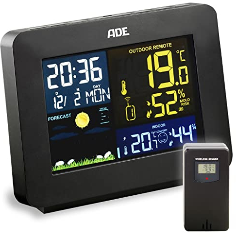 ADE Wetterstation WS1917 mit Funk-Außensensor animierter Wettervorhersage, großer LCD-Display mit Innen- und Außenhygrometer, sowie Datums- und Wochentaganzeige