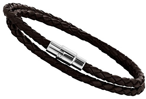 Flongo Leder Armband, Edelstahl Echtleder Armband Armreif Lederarmband Manschette Schwarz Braun Silber Geflochten Surfer Wickelarmband Magnet Schließe Herrenarmband Damenarmband, 7,5-8,5 Zoll