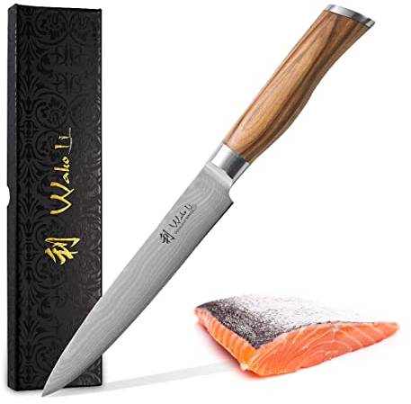 Wakoli Olive Damastmesser Tranchiermesser I 17,00 cm Klinge gefertigt aus 67 Lagen I Damast Küchenmesser und Profi Messer aus Damaststahl mit Griff aus Olivenholz