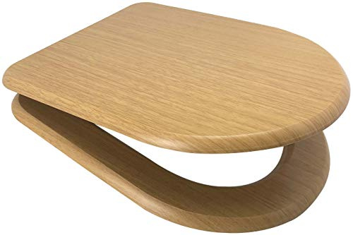 Euroshowers MDF White OR MDF Oak Wood Soft Close Toilet Seat with Top Fix/Blind Hole Fittings and Two Button Quick Release Hinges (D Shape Oak)