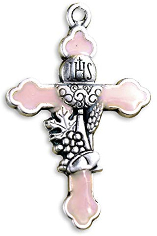 Albalù Bomboniere Prima Comunione 12 Ciondoli Croce con Calice in Metallo Colore Rosa - Pendenti e Accessori per Confettata, Segnaposto e Bomboniere Fai da Te Comunione, Idea Regalo 1,5x3 cm