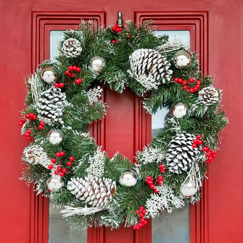 HomeZone 50cm Large Luxury Christmas Wreath Snow Covered Artificial Pine with Berries & Baubles Hanging Door Decoration for Front Door Indoor & Outdoor Xmas Home Décor Display