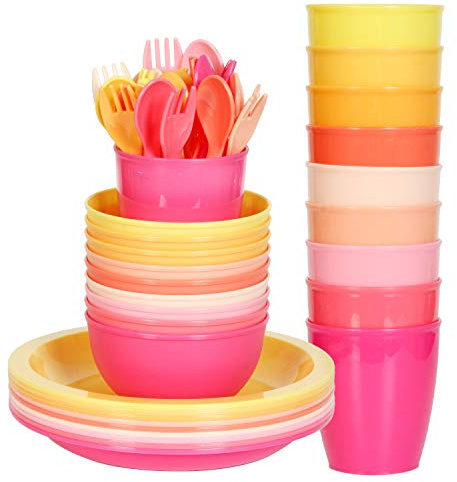 Youngever 54 st barnservis i plast, återanvändbart set för småbarn, matsal, koppar, barntallrikar, barnskålar, bestickset, barnrättsset (rosa)