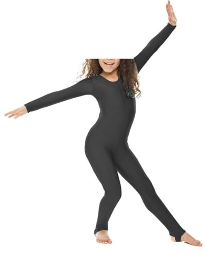 BODYWEAR LTD - Body da ragazza in nylon lucido a maniche lunghe con ghettine - Tutina - Body – Abbigliamento da performance - Vestibilità confortevole - Perfetto per danza, balletto, ginnastica, Nero