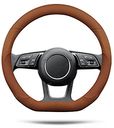 Ergocar D-Form Auto Lenkradbezug Rutschfester Auto Sport Lenkradschutz Mikrofaser Leder mit Atmungsaktives Wildleder für D-Form Lenkrad Durchmesser 38cm (15 ) (Braun)