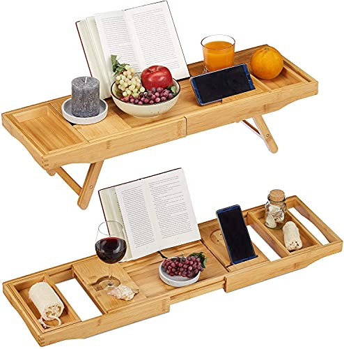 Unibos Bath Caddy with candle, wine glass, book, tablet, ipad & phone holder. Extendable/adjustable bridge, Natural wood over bathtub tray 100% bamboo (Natural with folding legs)