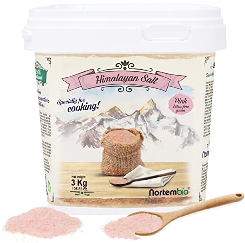 Nortembio Sal Rosa del Himalaya 3 kg Extra Fina (0,5–1 mm) Origen Pakistán Sal Mineral Natural sin Refinar para Uso Culinario + Gratis eBook con Recetas!