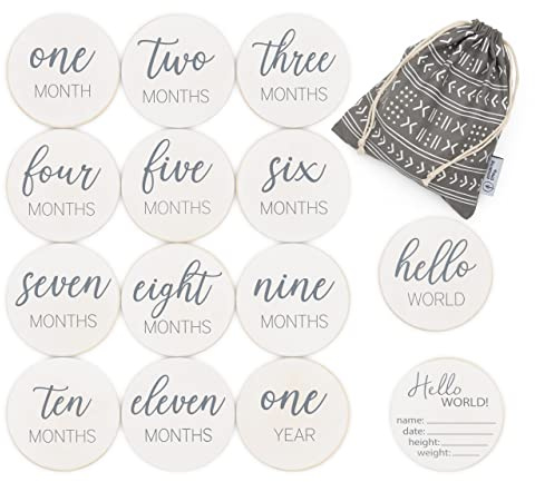 Natural Baby Milestone Discs - White Stain Wood Milestone Disc Set with Bag and Hello World Announcement Card - 13 Wooden Milestones Cards, Newborn Monthly First Year Picture Props, 1-12 Months