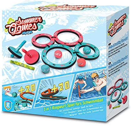 Summer Games 3-in-1 Schwimmbad-Ringwurfspiel Set, 6 Bälle, 4 Tauchstäbe, 6 Neopren-Ringe, Rot-Türkis