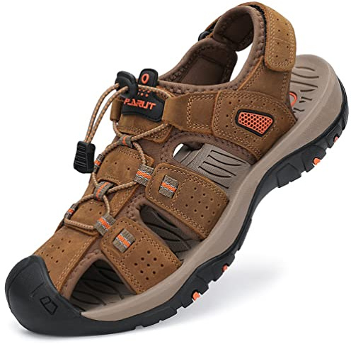FLARUT Sandaler Herr Bekväma Sportsandaler Sandaler Med Stängd tå för Män Trekking Strand Justerbara(Ljusbrun,47 EU)