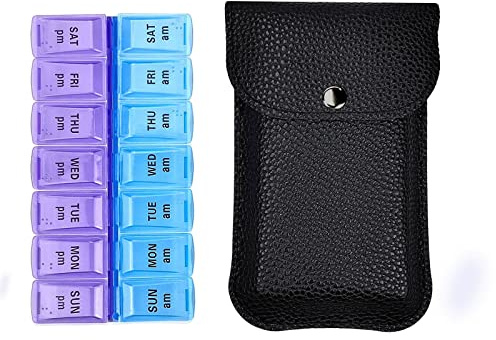 VOFOON Travel Pill Organizer 2 Times a Day, PU Leather Portable Pill Case for Women/Men, 7 Day AM PM Pill Box with Travel Pouch Medicine Organizer for Vitamins Medicine Fish Oils Supplements (Small)